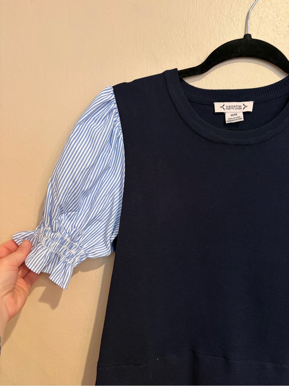 Nanette Lepore Navy Knit Vest w/ Light Blue & White Striped Peek-a-Boo Blouse - Picture 4 of 6